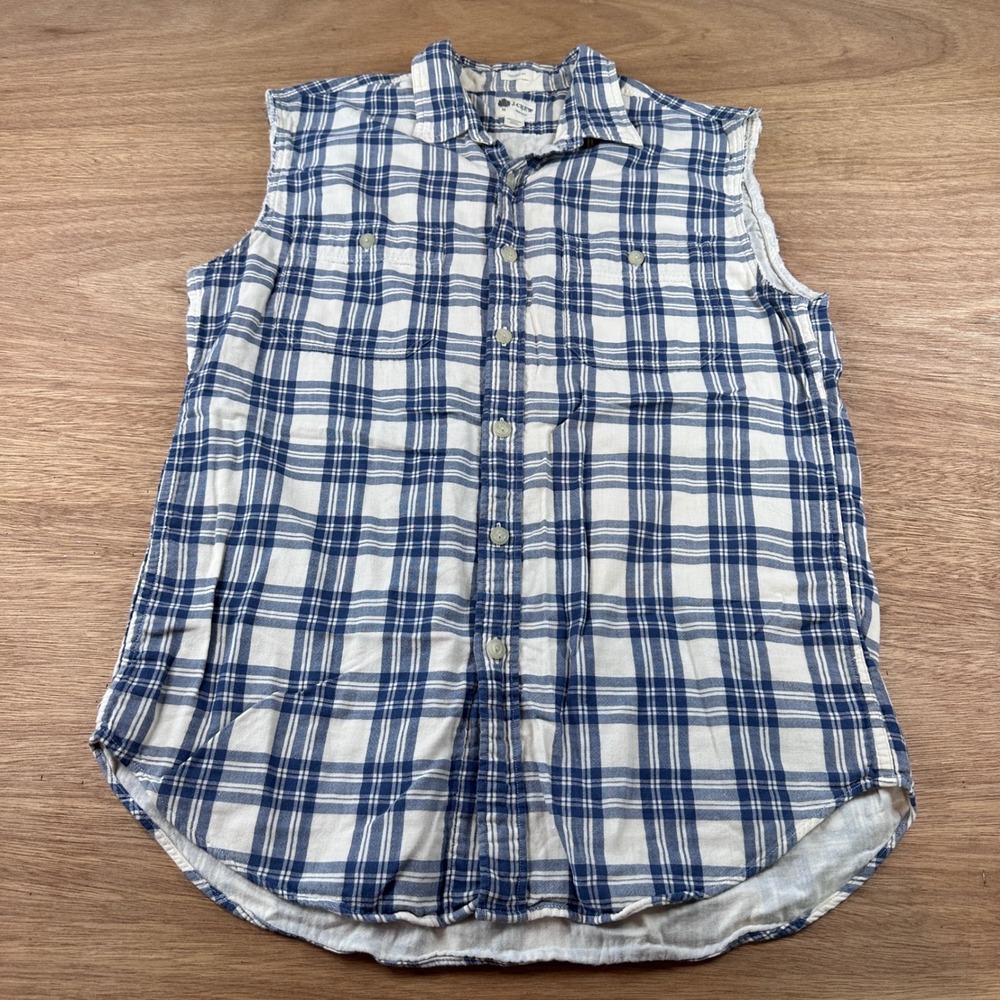 J. Crew Sleeveless Plaid Button Front Shirt Womens Medium Blue White Cotton